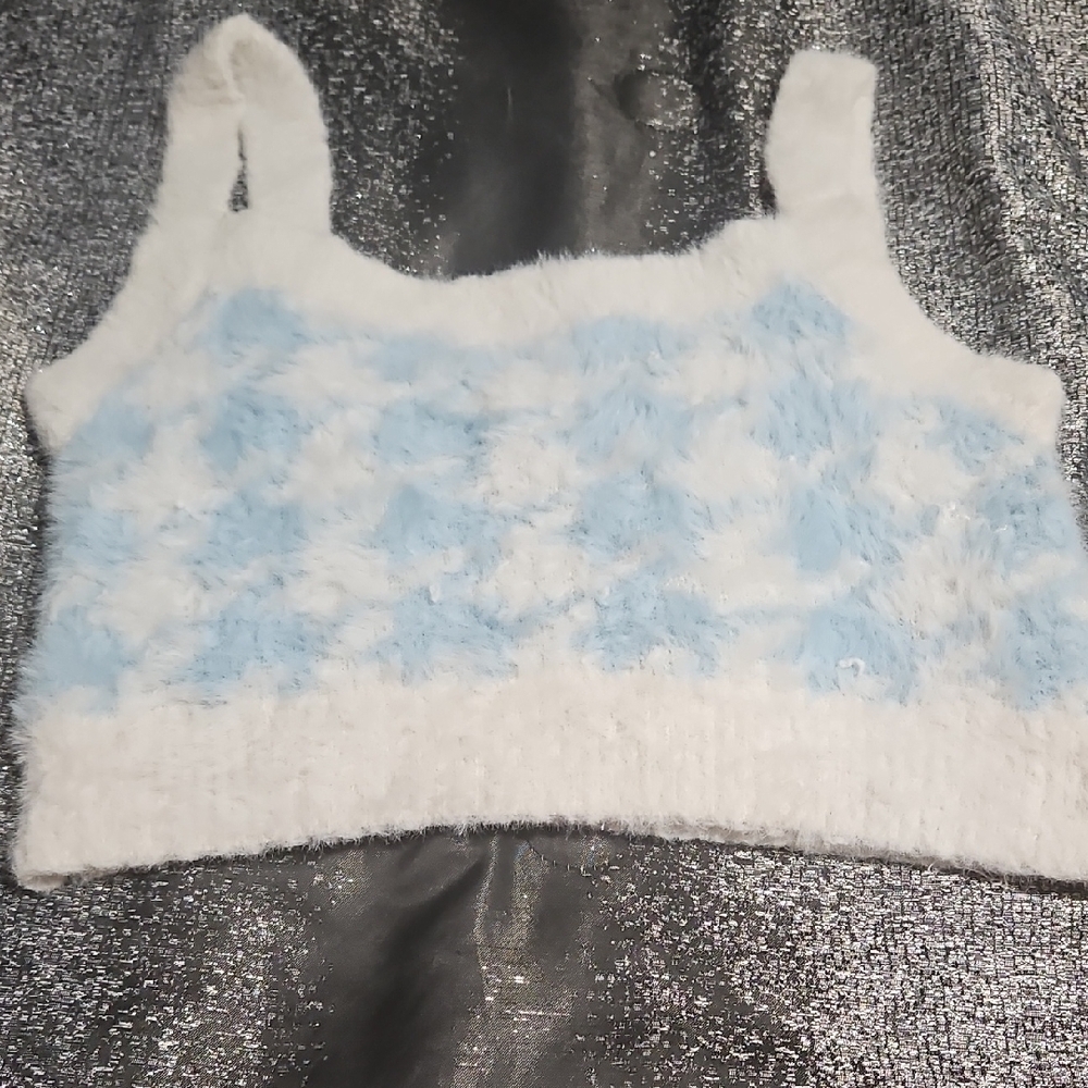 Fuzzy Blue and White Crop Top